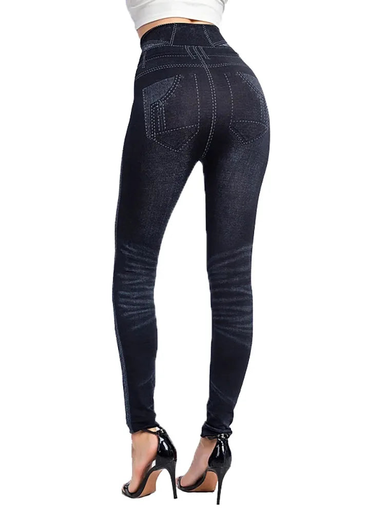 CUHAKCI Women's High Waist Seamless Push Up Faux Denim Jeggings – Stretchy Skinny Leggings Pants