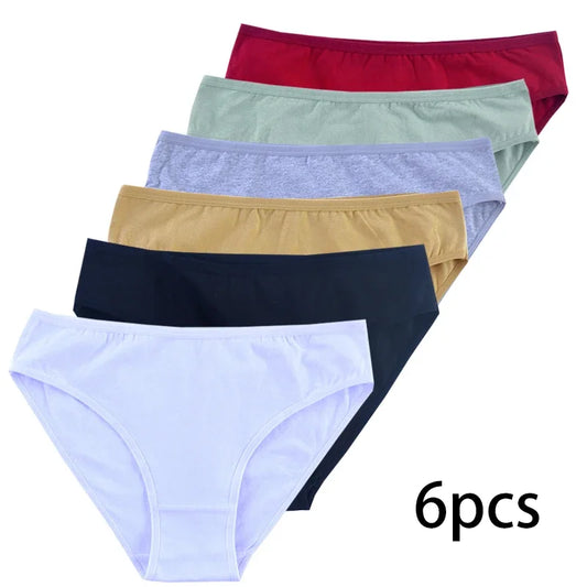 6-Pack Women's Cotton Panties – Mid-Waist, Solid Colors, Breathable & Soft Underwear