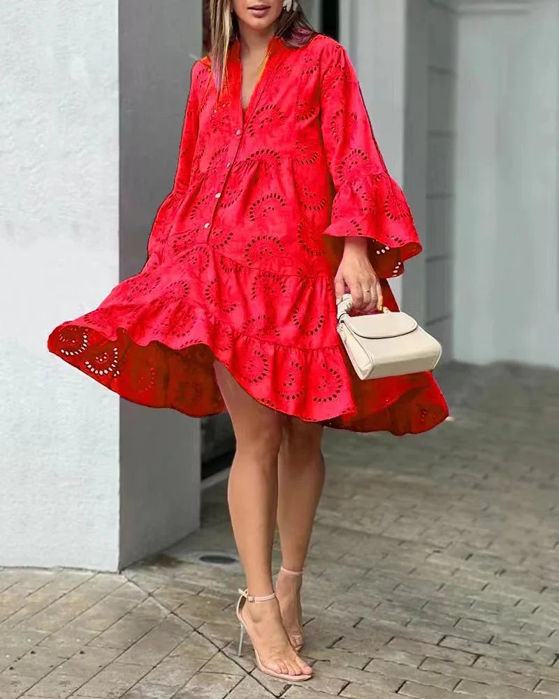 Summer Elegant Vintage Solid Lace Dress V-neck Loose Hollow Out Pattern Embroidery Vestidos Women Beach Sexy Mini White Dresses