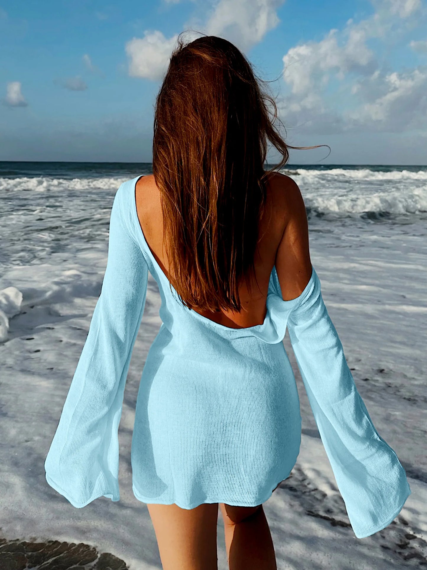Sexy See Through Women Backless Bell Sleeve 2025 Summer Solid Knit Beach Swimwear Coverups Elegant Crew Neck Mini Dresses K98