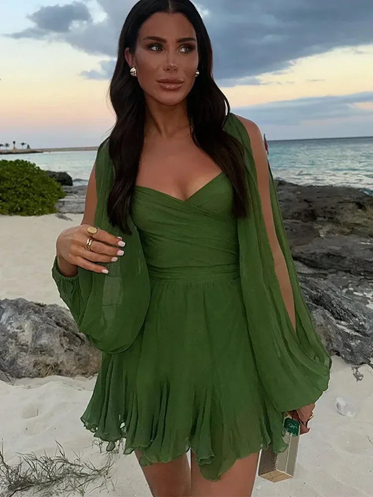 Sexy Green Pleated Mini Dress for Women Elegant V-neck Split Long Sleeve A-line Dresses Summer Lady Solid Backless Lace Up Robes