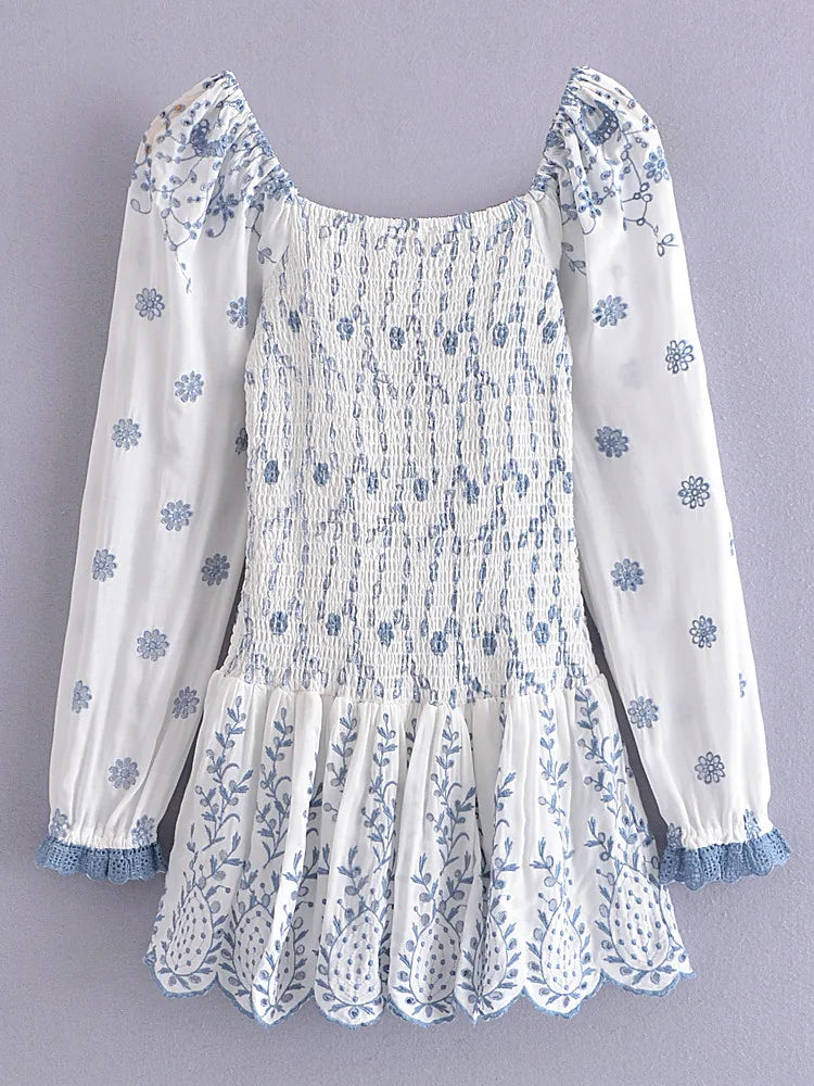 "2022 Romantic Puff Sleeve Embroidered Floral Mini Dress – White Blue Ruched Body with Ruffle Hem"