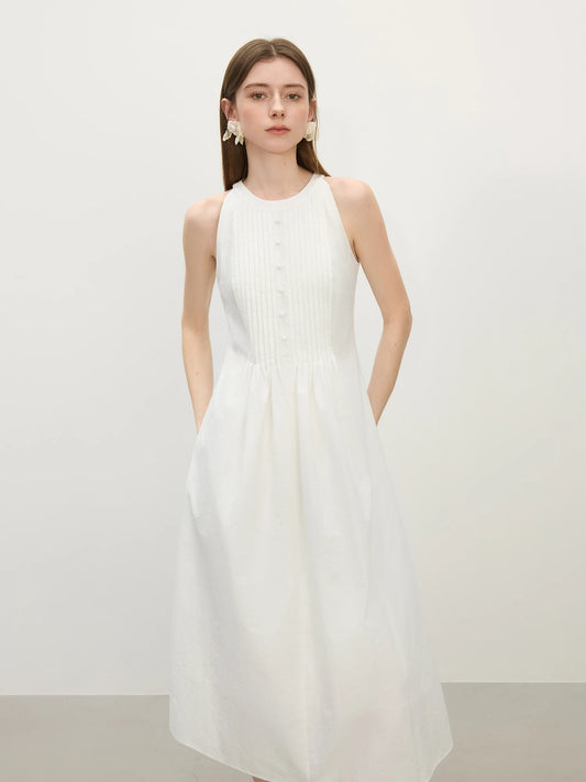 FSLE Accordion Pleats Small Round neckline Elegant Slim-Fitting Halter Neckline Women's Dress 2025 Summer New Design 25FS12367