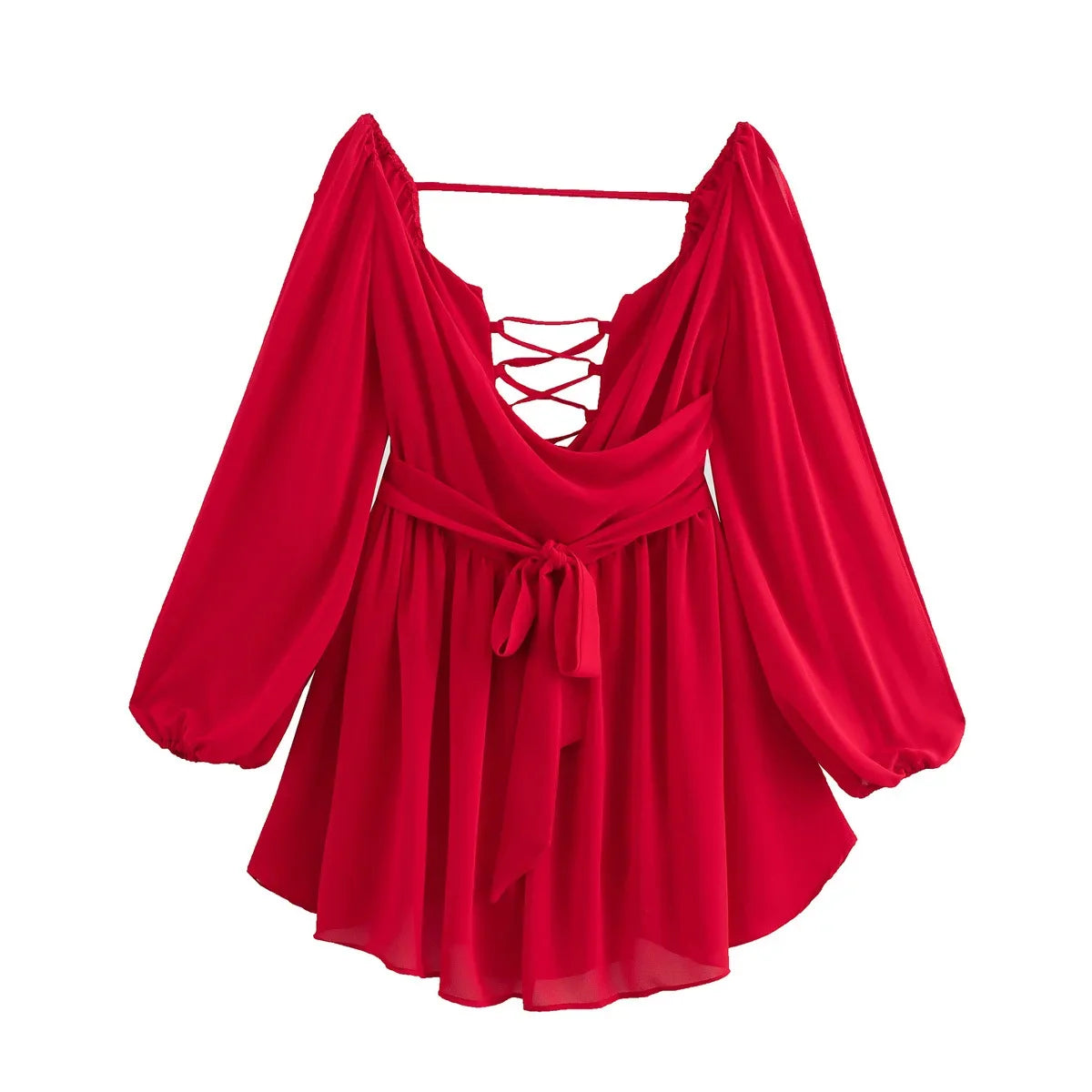 Sexy Green Pleated Mini Dress for Women Elegant V-neck Split Long Sleeve A-line Dresses Summer Lady Solid Backless Lace Up Robes