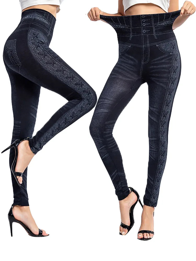 CUHAKCI Women's High Waist Seamless Push Up Faux Denim Jeggings – Stretchy Skinny Leggings Pants