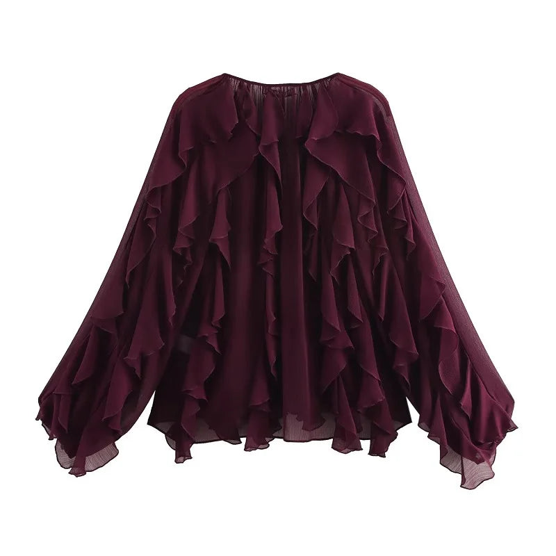 TRAF Ruffle Womens Blouses Semi Sheer Casual Blouses Woman Spring Fairy Shirts and Blouses for Lady Long Sleeve Tops Woman 2025