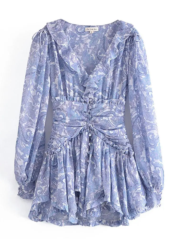 Women's Blue Floral Holiday Chiffon Dress – Ruched Waist & Long Sleeves