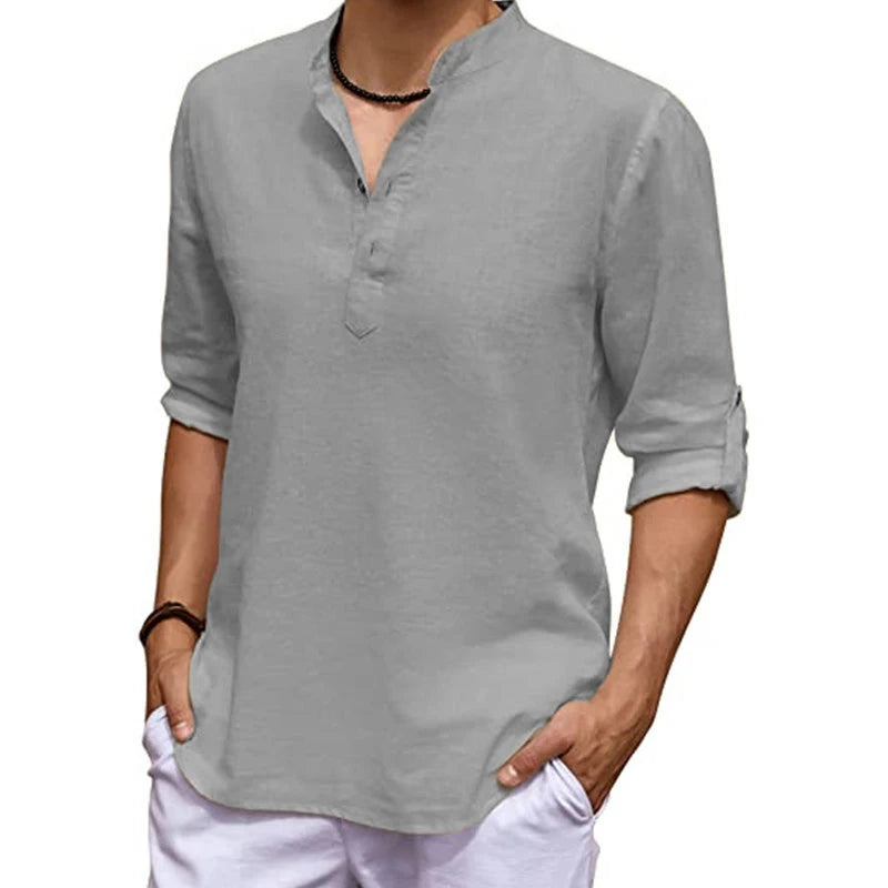 New Men's Linen Long Sleeve V-neck T Shirt Solid Color Oversize Casual Shirt Cotton Shirt Plus Size Yoga Button Shirts for Men