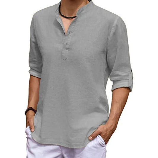 New Men's Linen Long Sleeve V-neck T Shirt Solid Color Oversize Casual Shirt Cotton Shirt Plus Size Yoga Button Shirts for Men