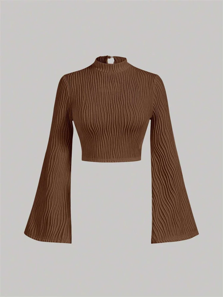 Women Textured Mock Neck Flare Long Sleeve Crop Top Fall Winter Elegant Preppy Style Y2K Rib Knit Slim T Shirt Blouse 2023