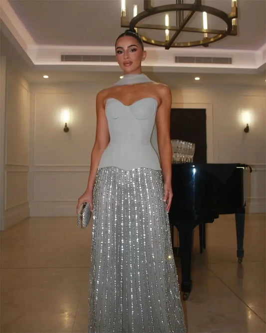 Cathy Sky Blue Strapless Hanging Beaded Prom Dress Floor-length vestidos de noiva Customized Sleeveless Zip Back Evening Dresses