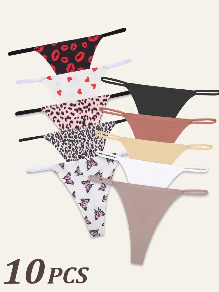 10-Pack Seamless Thong Panties for Women – Low Waist, Thin Straps, Comfortable T-Back Underwear