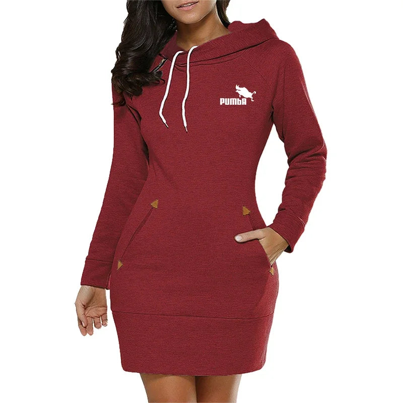 Women's Casual Hoodie Sweatshirt Dress with Pockets and Zip Neckline