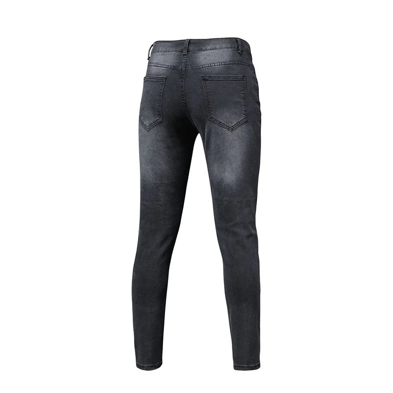 Black 90% Cotton Men Retro Wash Distressed Stretch Ripped Jeans Tight Hole PATCH Denim Pantalones Printing Zipper Joggers