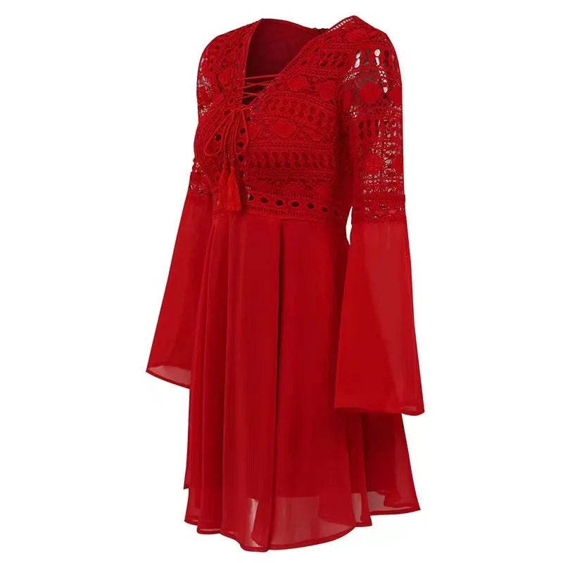 Women's A-Line Chiffon Mini Dress – V-Neck, Long Sleeve, Ruffle Detail