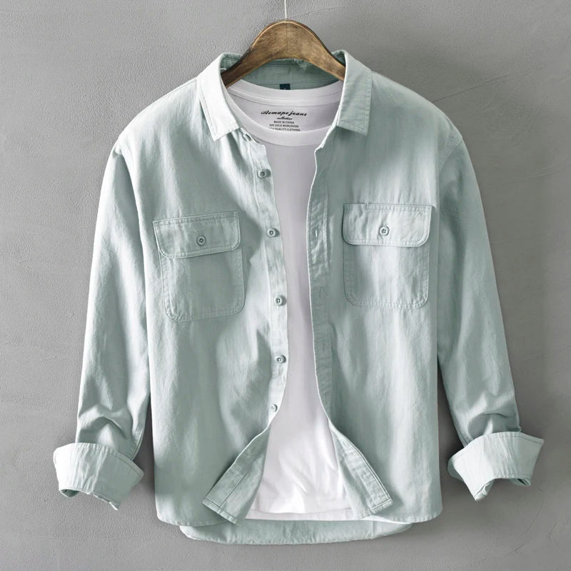 HIQOR 2025 Men Casual White Shirts Long-sleeved Chest Two Pocket Design 100% Cotton Solid Casual Turn-down Collar Shirt M-3XL