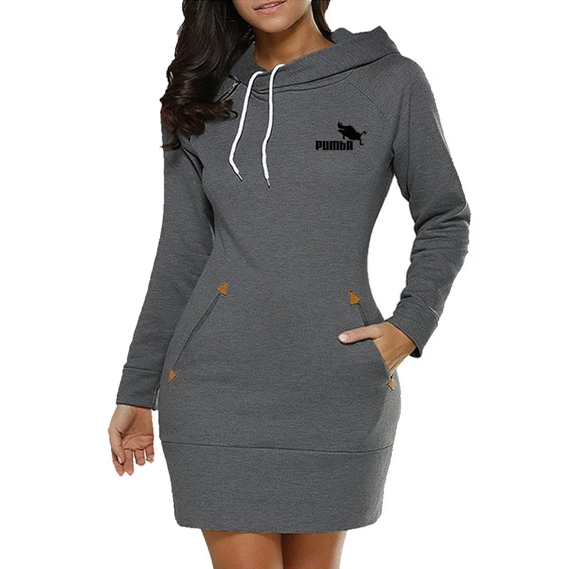Women's Casual Hoodie Sweatshirt Dress with Pockets and Zip Neckline
