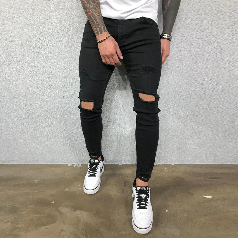 White Embroidery Skinny Ripped Jeans Men Cotton Stretchy Slim Fit Hip Hop Denim Pants Casual Jeans for Men Jogging Trousers
