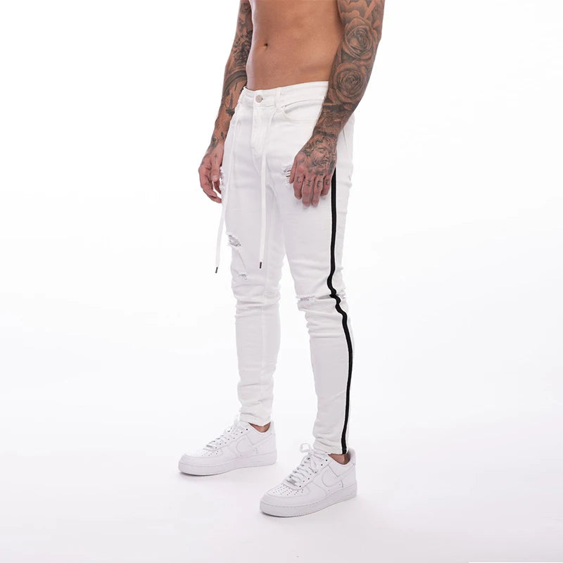 White Embroidery Skinny Ripped Jeans Men Cotton Stretchy Slim Fit Hip Hop Denim Pants Casual Jeans for Men Jogging Trousers