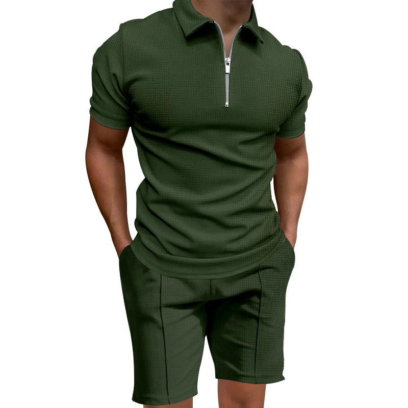 Cross border 2024 summer men's polo shirt set solid color waffle short sleeve slim lapel t-shirt casual men's set