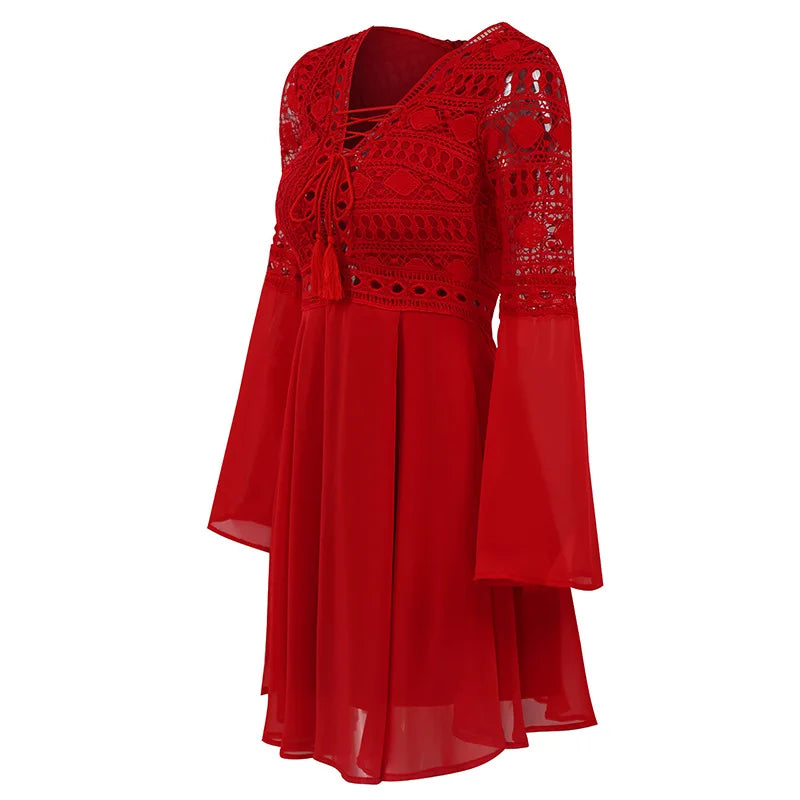 Women's A-Line Chiffon Mini Dress – V-Neck, Long Sleeve, Ruffle Detail