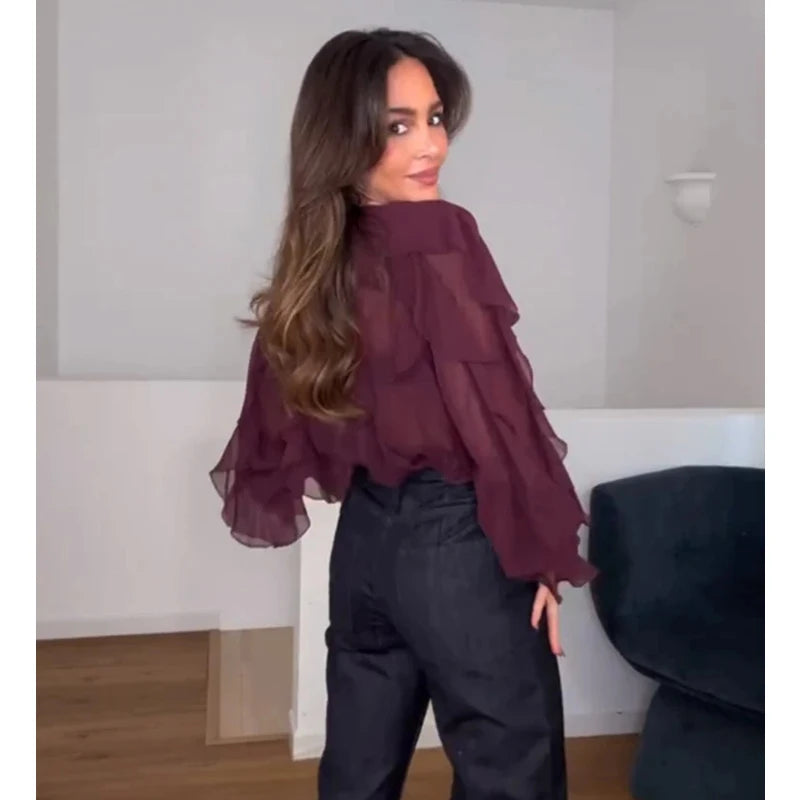 TRAF Ruffle Womens Blouses Semi Sheer Casual Blouses Woman Spring Fairy Shirts and Blouses for Lady Long Sleeve Tops Woman 2025