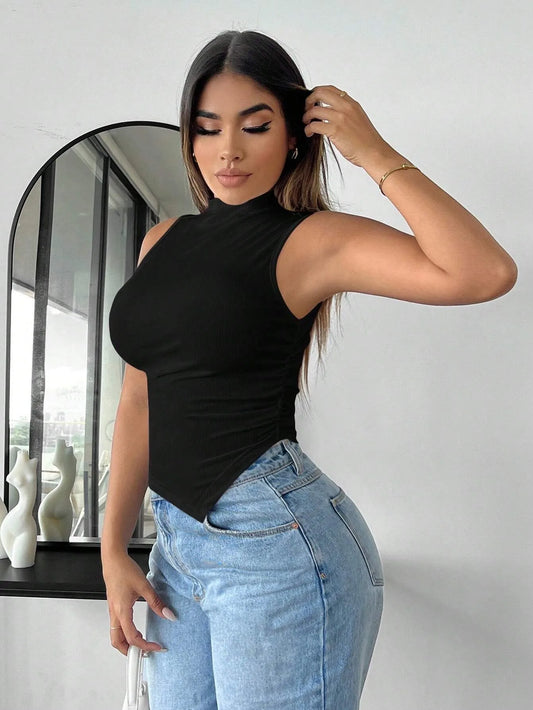 Women Sexy Mock Neck Asymmetrical Ruched Rib Knit Tank Top Summer 2024 Solid Color Sleeveless Slim Fit Crop Top Tee Streetwear