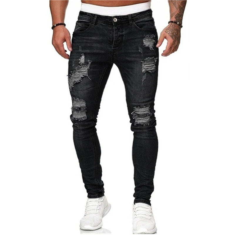 White Embroidery Skinny Ripped Jeans Men Cotton Stretchy Slim Fit Hip Hop Denim Pants Casual Jeans for Men Jogging Trousers