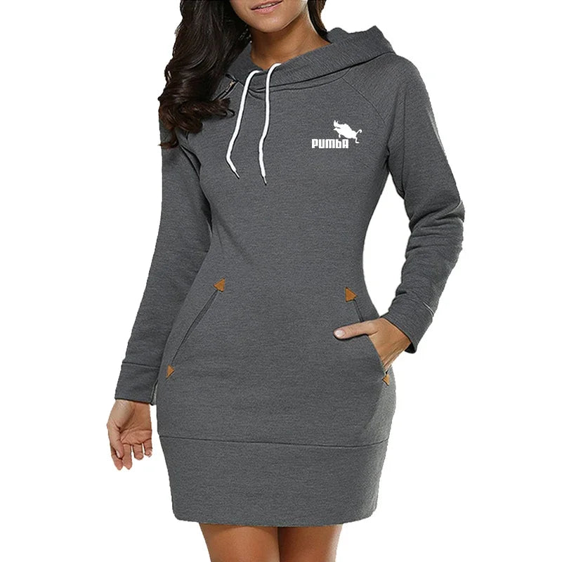 Women's Casual Hoodie Sweatshirt Dress with Pockets and Zip Neckline