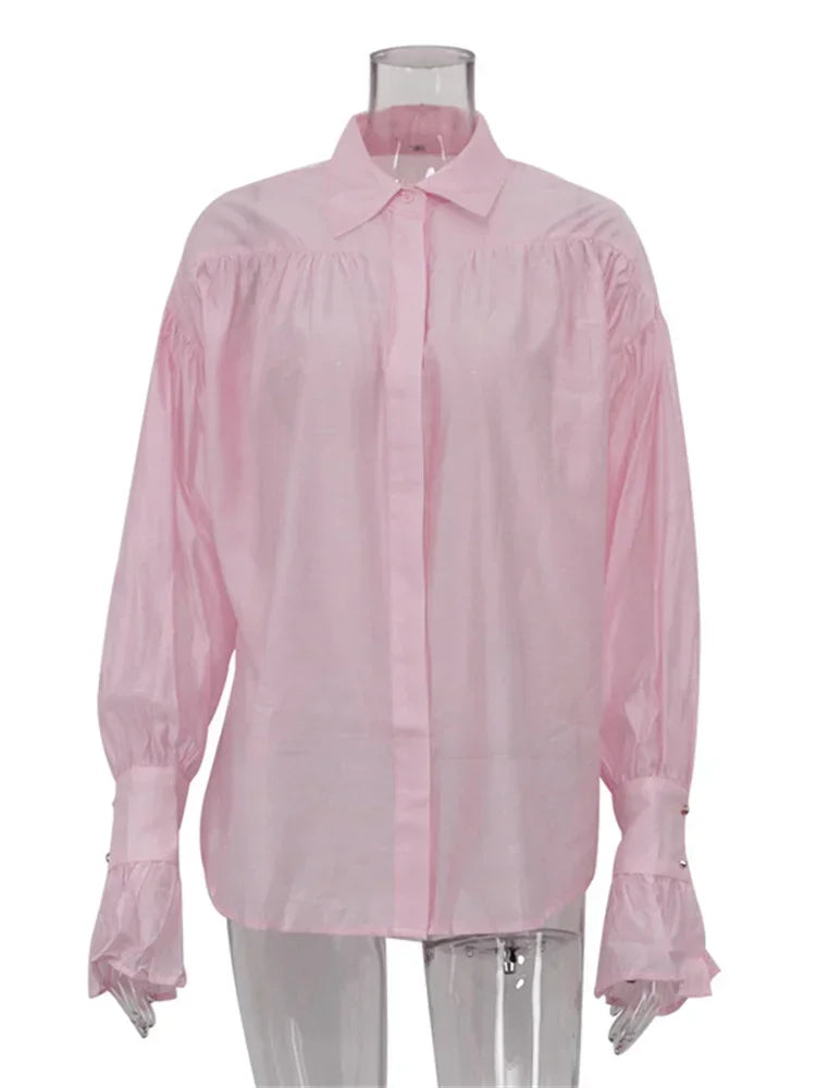 Tossy Women's Casual Loose See-Through Patchwork Shirt – Long Sleeve Lapel Blouse