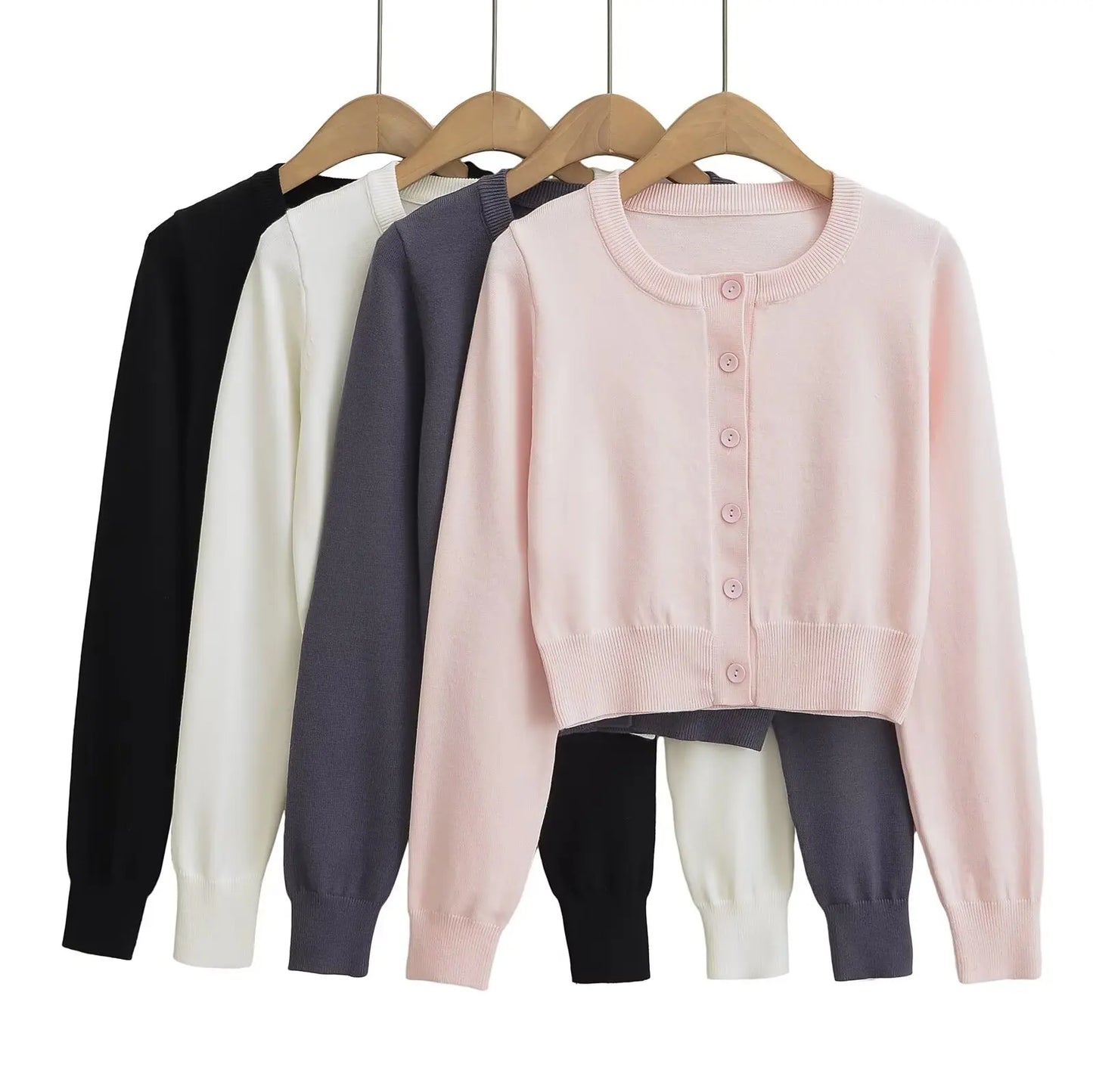 2024 Retro Pointelle Knit Cropped Cardigan for Women – Button Front, Long Sleeve