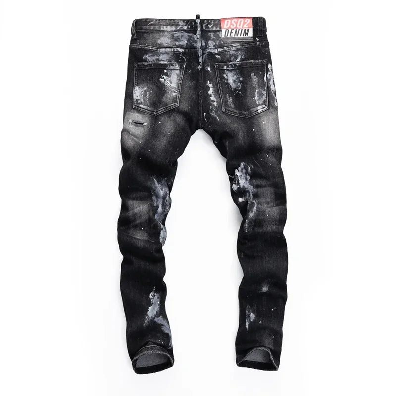 "D2 Fashion Men’s Slim Fit Distressed Black Denim Jeans – Hole Design, Pencil Trousers (Model 8422)"