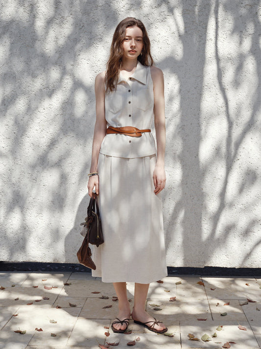 FSLE 2025 Summer Women's Minimalist Sleeveless Shirt Set - Relaxed Fit & Fluid Skirt Coordination 25FS12040+25FS12041