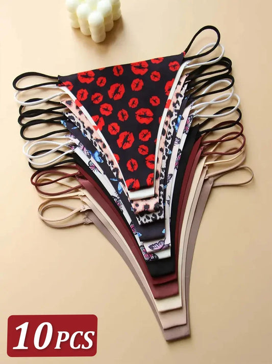 10-Pack Seamless Thong Panties for Women – Low Waist, Thin Straps, Comfortable T-Back Underwear