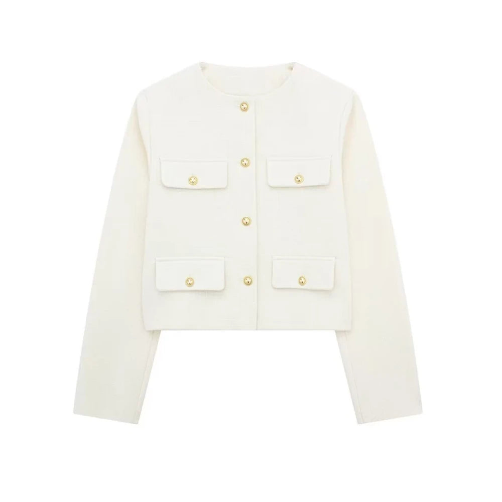 TRZA-Women's Golden Button Jacket Coat, O Neck, Long Sleeve, Female Outerwear, Chic Tops, Fashion
