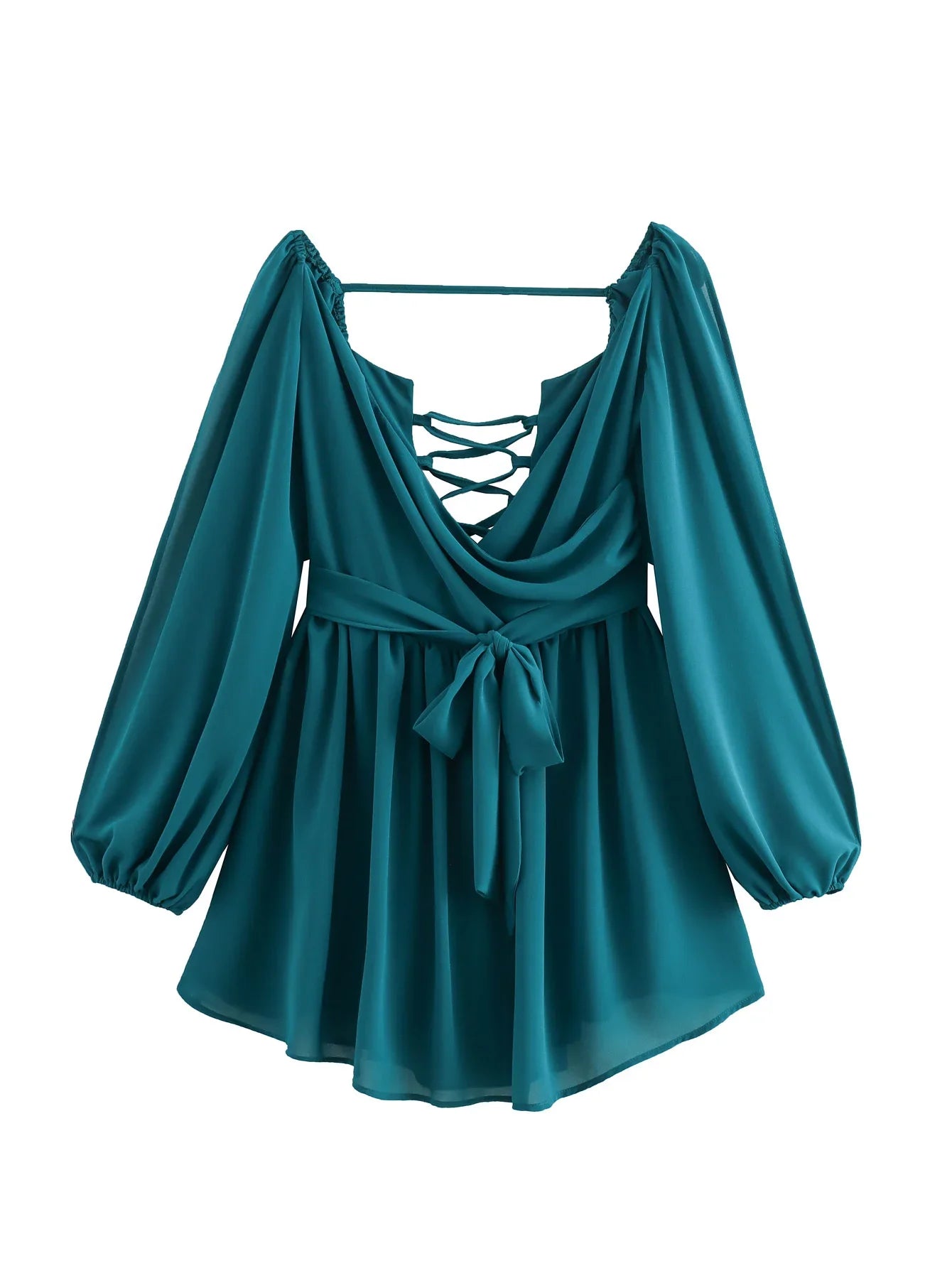 Sexy Green Pleated Mini Dress for Women Elegant V-neck Split Long Sleeve A-line Dresses Summer Lady Solid Backless Lace Up Robes