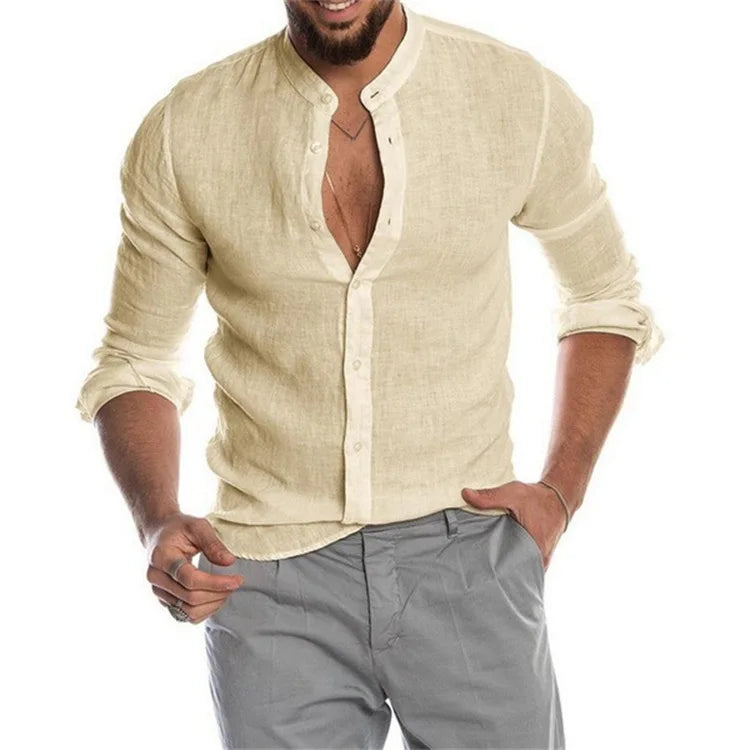 New Spring Men's Fashion Casual  Shirt  Button Linen Cotton Comfortable Daily Tops Long Sleeve Shirt