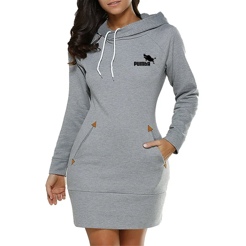 Women's Casual Hoodie Sweatshirt Dress with Pockets and Zip Neckline
