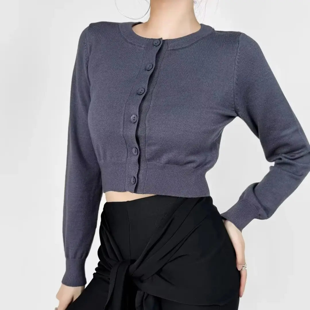 2024 Retro Pointelle Knit Cropped Cardigan for Women – Button Front, Long Sleeve