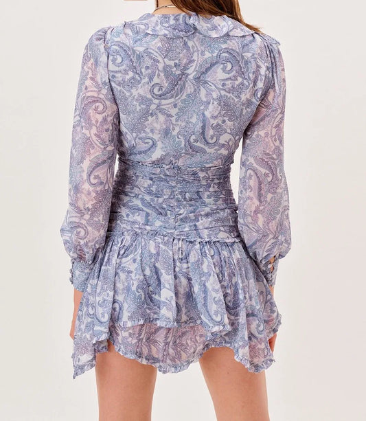 Women's Blue Floral Holiday Chiffon Dress – Ruched Waist & Long Sleeves