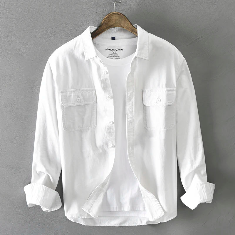 HIQOR 2025 Men Casual White Shirts Long-sleeved Chest Two Pocket Design 100% Cotton Solid Casual Turn-down Collar Shirt M-3XL