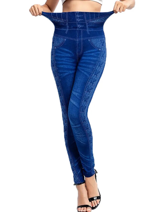 CUHAKCI Women's High Waist Seamless Push Up Faux Denim Jeggings – Stretchy Skinny Leggings Pants