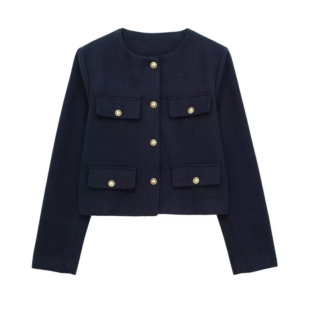 TRZA-Women's Golden Button Jacket Coat, O Neck, Long Sleeve, Female Outerwear, Chic Tops, Fashion