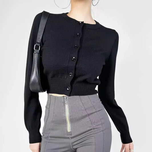 2024 Retro Pointelle Knit Cropped Cardigan for Women – Button Front, Long Sleeve