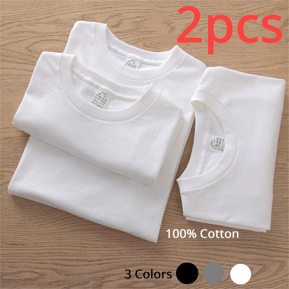 2PCS Unisex White Cotton T-Shirts – Casual Loose Fit Short Sleeve Tees for Men & Women