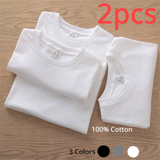 2PCS Unisex White Cotton T-Shirts – Casual Loose Fit Short Sleeve Tees for Men & Women