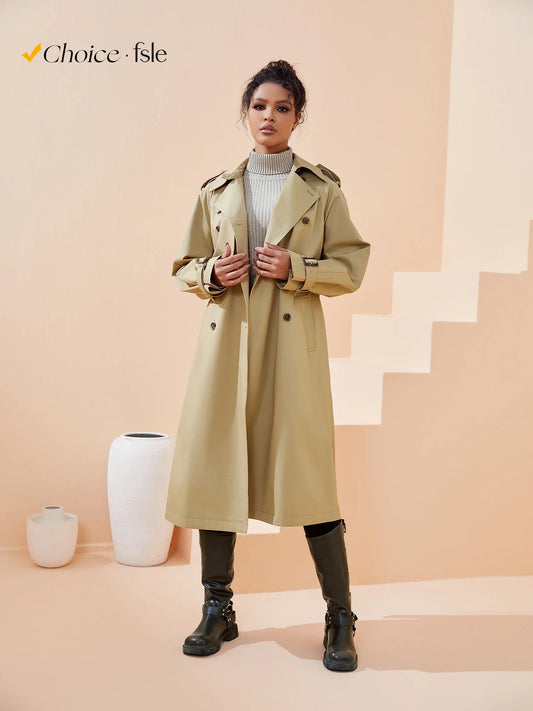 FSLE Women Trench Khaki Autumn Long Trench Coats Turn Down Collar Full Sleeve 100% Cotton Women Oversized Trench 24FS11325
