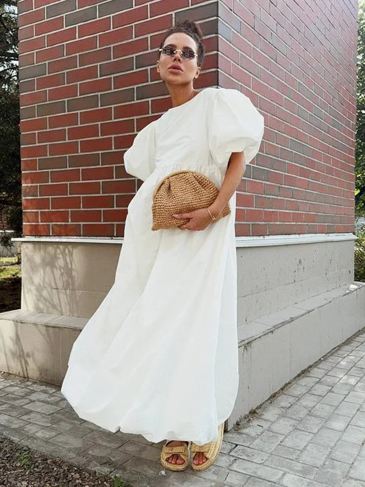 Wolfeel 100% Cotton Women's Oversized Bubble Sleeve Dresses Fashionable Ladies O-Neck Chic Short Sleeve Summer Loose Long Dress