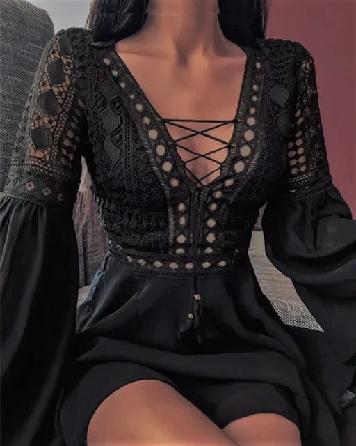 Women's A-Line Chiffon Mini Dress – V-Neck, Long Sleeve, Ruffle Detail