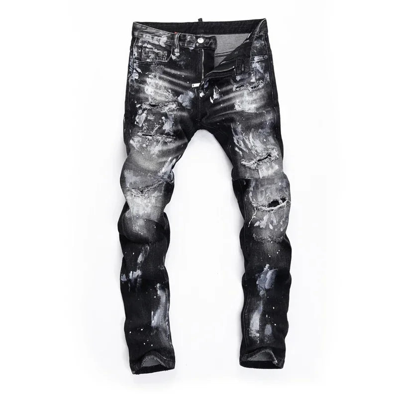 "D2 Fashion Men’s Slim Fit Distressed Black Denim Jeans – Hole Design, Pencil Trousers (Model 8422)"